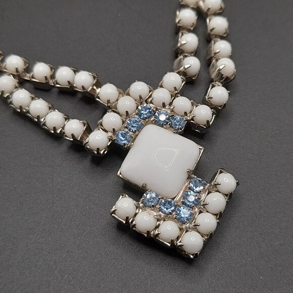 Vintage Milk Glass Soft Blue Rhinestone Necklace Choker Unsigned - Picture 8 of 11
